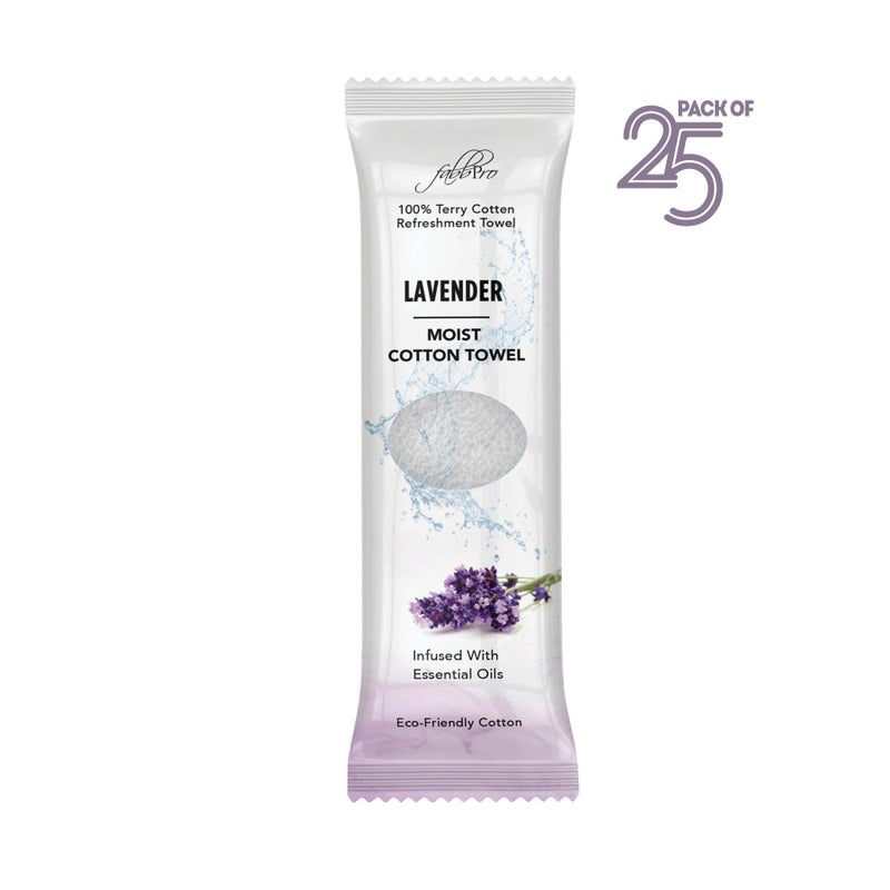 FabbPro Oshibori Moist Terry Cotton Refreshment Towels (25 Pack, 8 x 8 Inches) - White Scented Pre-moistened Essential Oil Infused Towel to Use Hot or Cold - Lavender Scent - Image 2